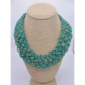 Teal & Gold Seed Bead‎ Multi Strand Necklace Chocker Vintage 18-20.5" Boho